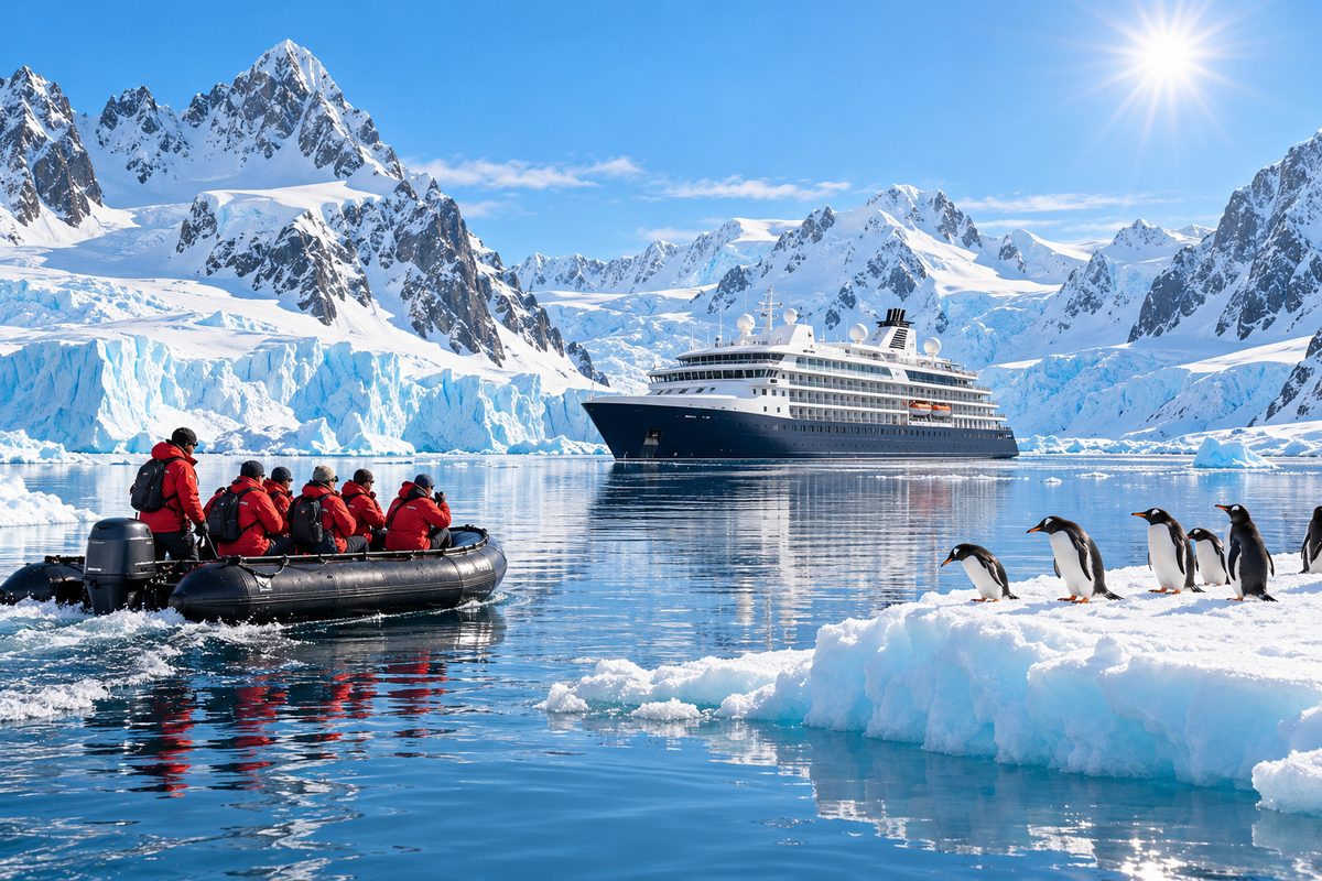 An expedition ship among icebergs in an Antarctic bay, guests heading out by Zodiac