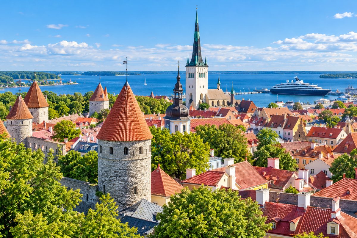 Tallinn&rsquo;s red roofs and spires above the Baltic Sea