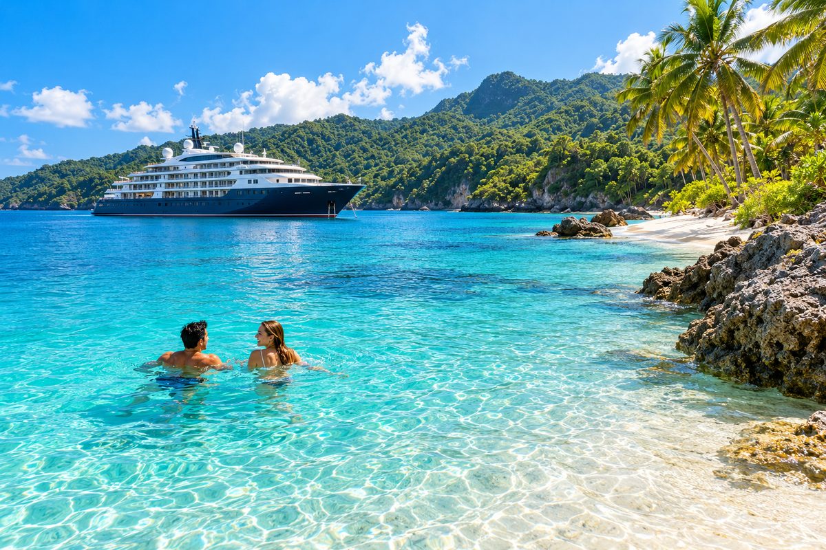 A turquoise bay off Jamaica&rsquo;s green coast, a cruise ship anchored