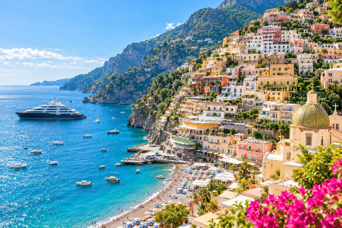 Positano&rsquo;s pastel houses above a turquoise bay, a cruise ship offshore