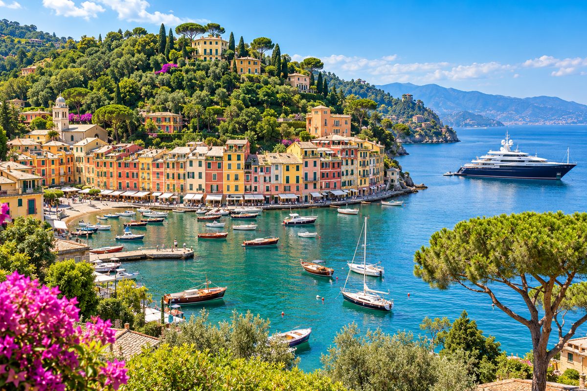 Portofino&rsquo;s colorful harbor on the Italian Riviera, a cruise ship offshore