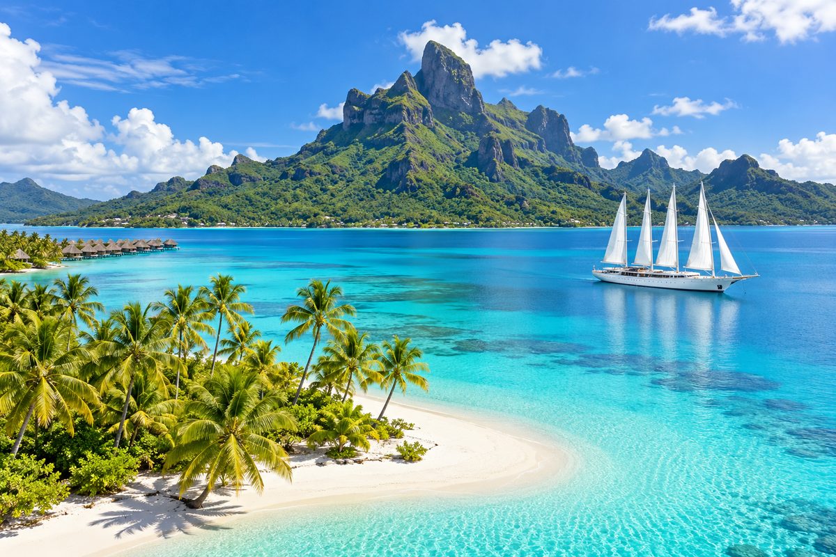 A sailing yacht in the turquoise lagoon of Bora Bora